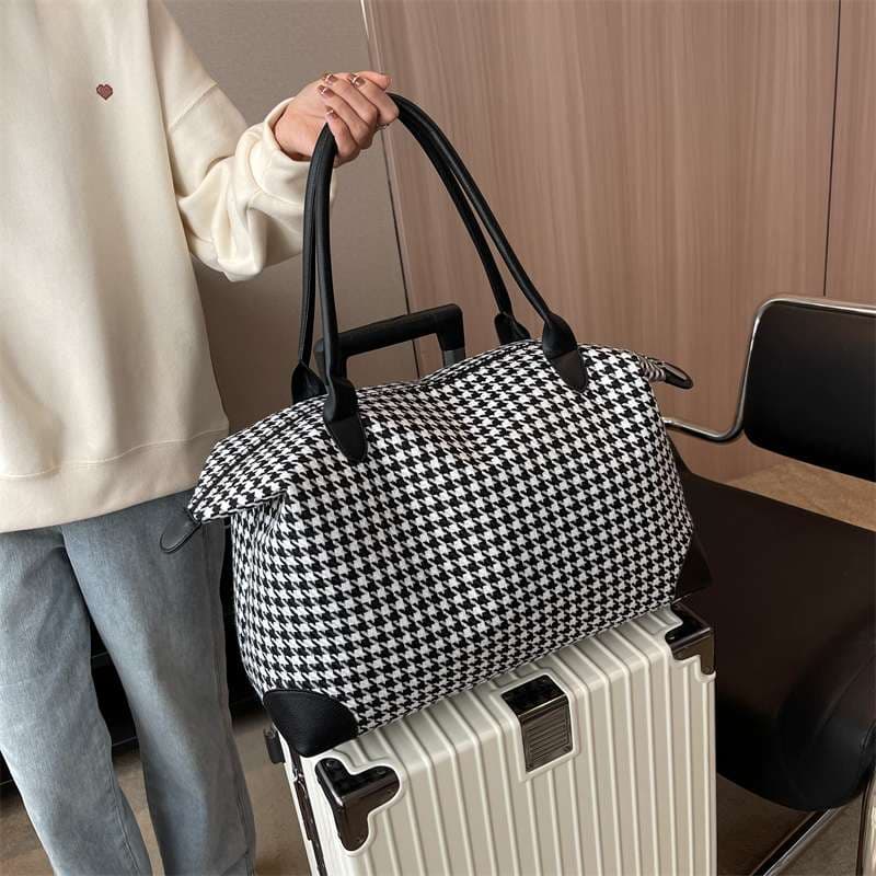 千鳥格子柄ボストンバッグ 大容量トラベルバッグ 20L