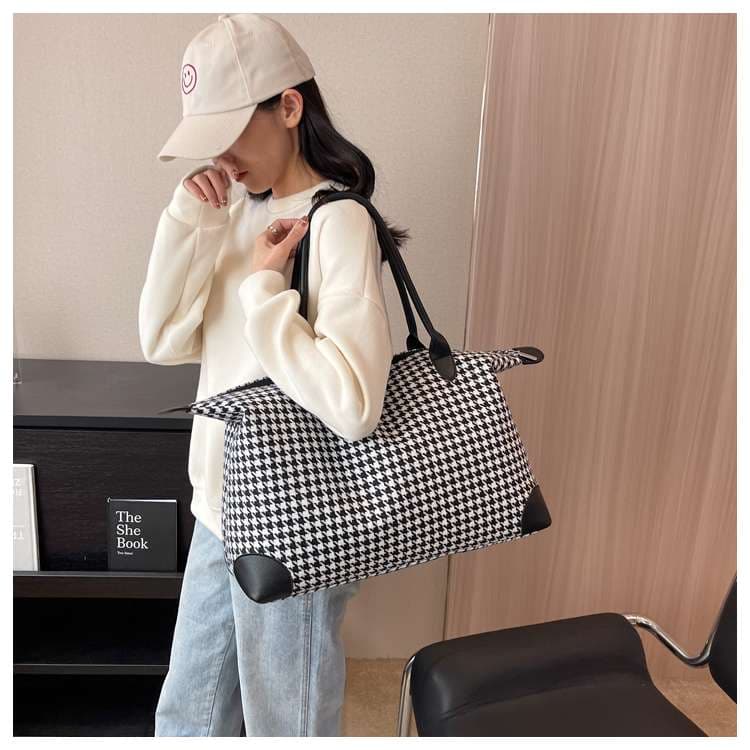 千鳥格子柄ボストンバッグ 大容量トラベルバッグ 20L