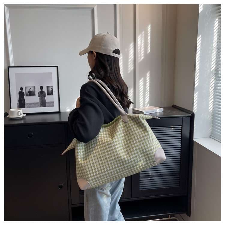 千鳥格子柄ボストンバッグ 大容量トラベルバッグ 20L