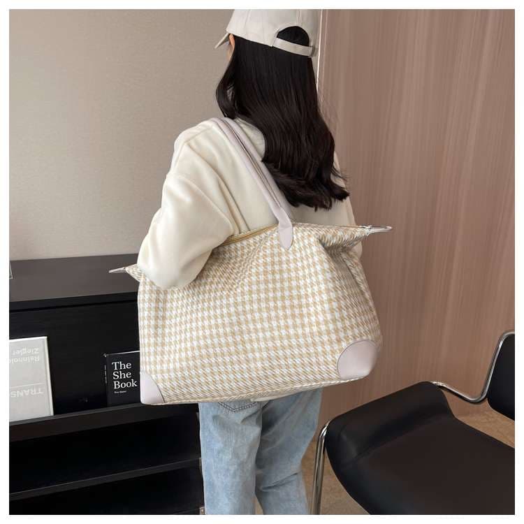 千鳥格子柄ボストンバッグ 大容量トラベルバッグ 20L