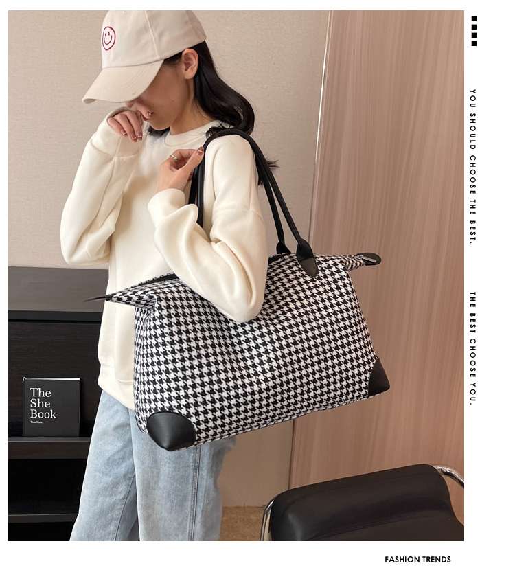 千鳥格子柄ボストンバッグ 大容量トラベルバッグ 20L