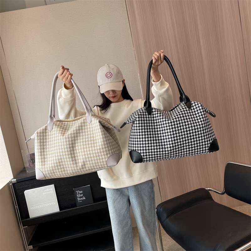 千鳥格子柄ボストンバッグ 大容量トラベルバッグ 20L