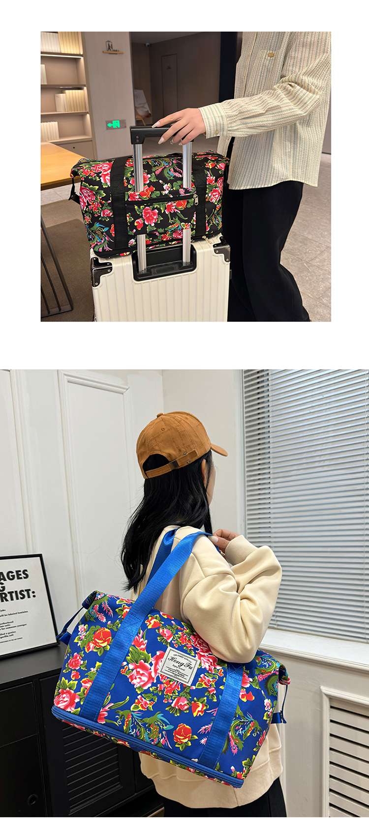 ボストンバッグ 花柄 軽量旅行バッグ 拡張可能 4色展開