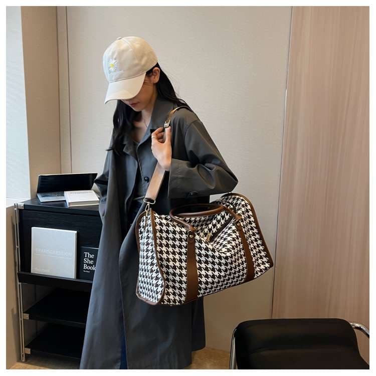 ボストンバッグ 千鳥格子柄 大容量 旅行用バッグ 25L