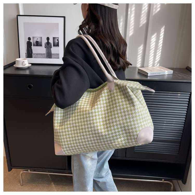 千鳥格子柄ボストンバッグ 大容量トラベルバッグ 20L