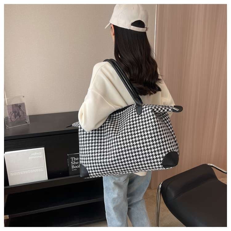 千鳥格子柄ボストンバッグ 大容量トラベルバッグ 20L