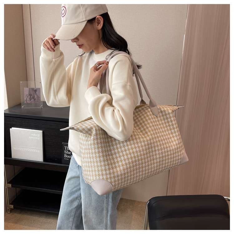 千鳥格子柄ボストンバッグ 大容量トラベルバッグ 20L