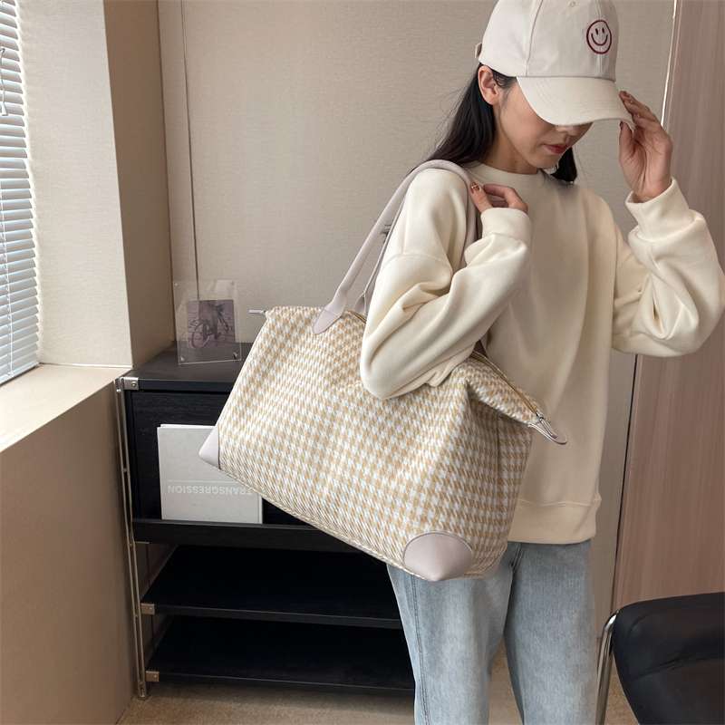 千鳥格子柄ボストンバッグ 大容量トラベルバッグ 20L
