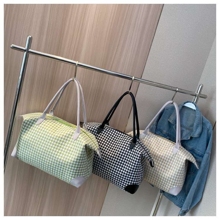 千鳥格子柄ボストンバッグ 大容量トラベルバッグ 20L