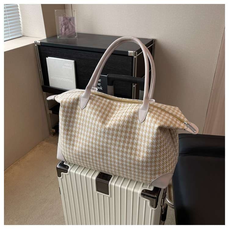 千鳥格子柄ボストンバッグ 大容量トラベルバッグ 20L