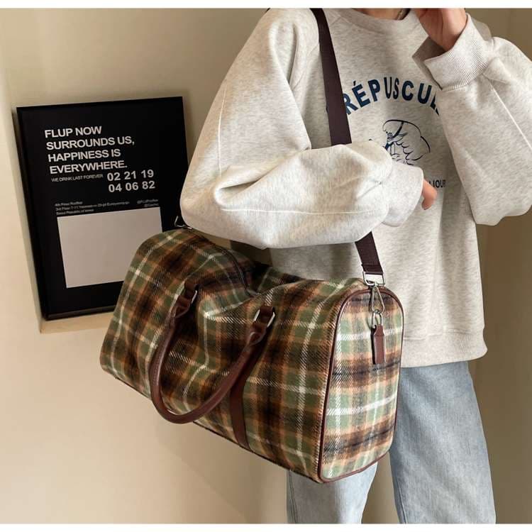 チェック柄ウール調ボストンバッグ 20L