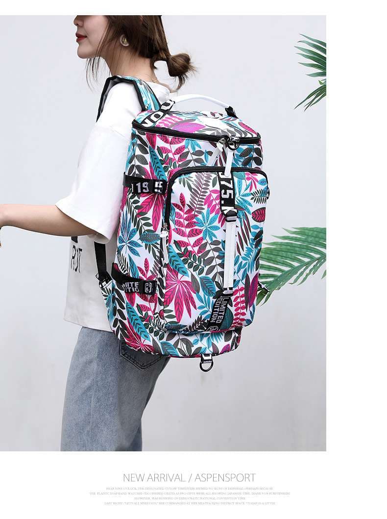 多機能リーフ柄ボストンバッグ リュックにもなる2WAY 35L