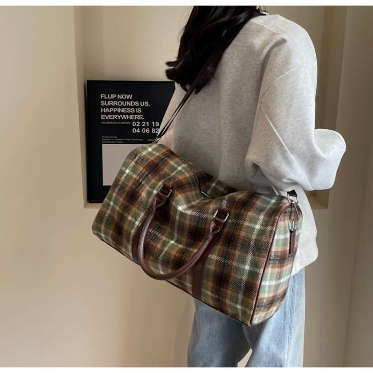 チェック柄ウール調ボストンバッグ 20L