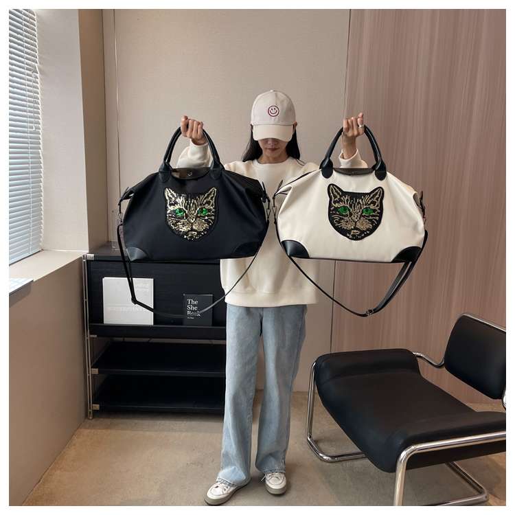 猫顔アップリケ付き大容量ボストンバッグ 25L