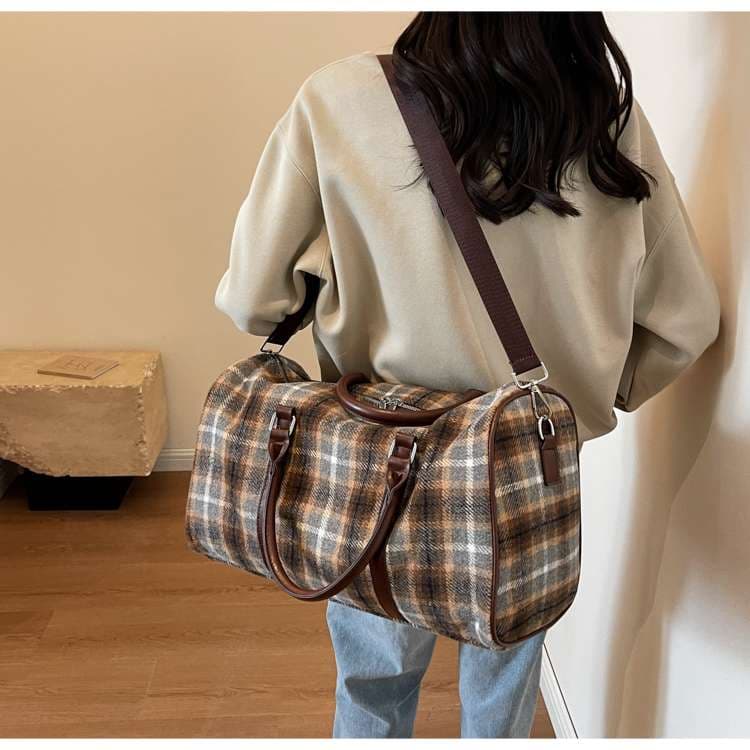 チェック柄ウール調ボストンバッグ 20L