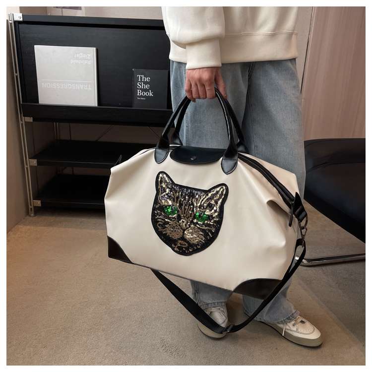 猫顔アップリケ付き大容量ボストンバッグ 25L