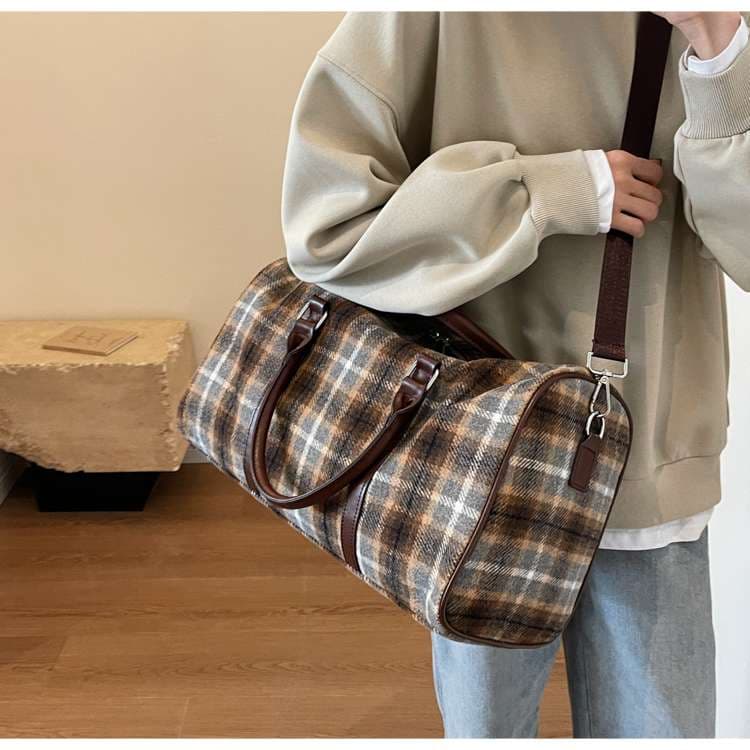 チェック柄ウール調ボストンバッグ 20L