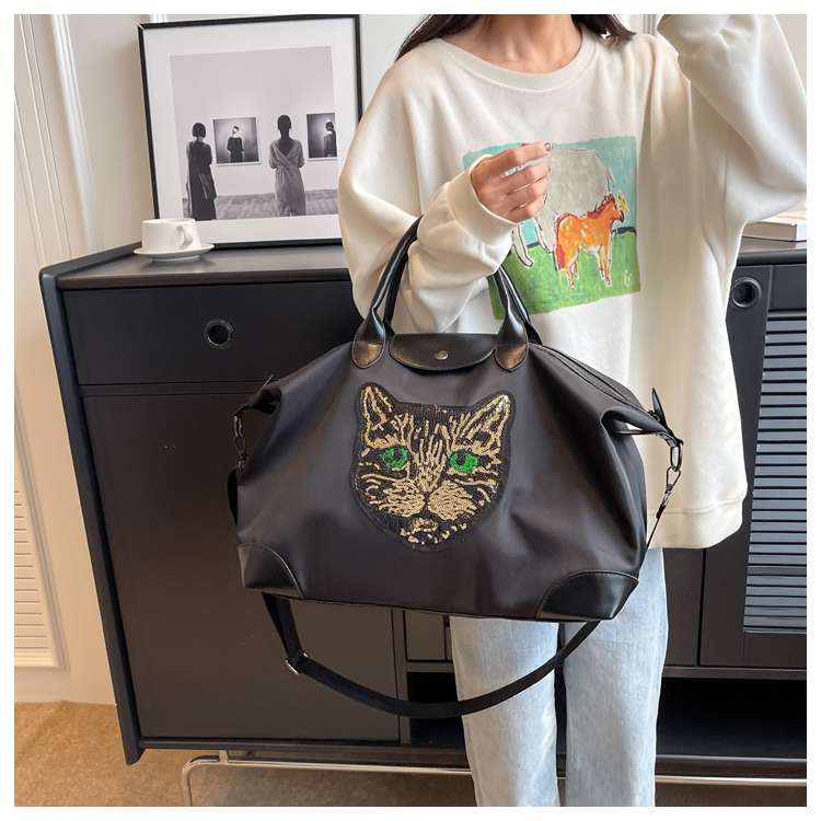 猫顔アップリケ付き大容量ボストンバッグ 25L