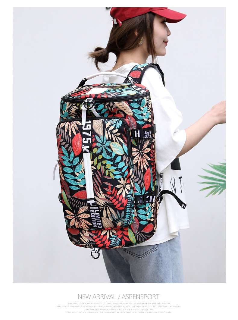 多機能リーフ柄ボストンバッグ リュックにもなる2WAY 35L