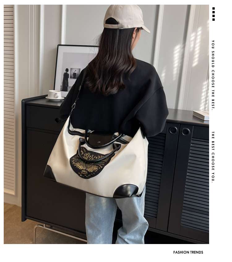 猫顔アップリケ付き大容量ボストンバッグ 25L