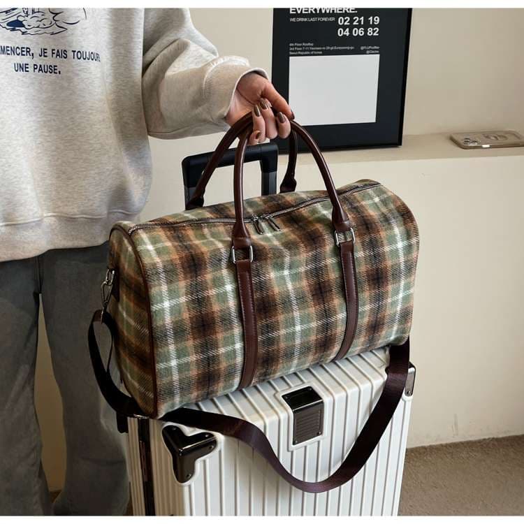 チェック柄ウール調ボストンバッグ 20L